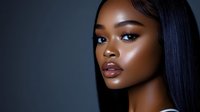 Young African American woman with glowing skin and sleek straight black hair against dark background, showcasing natural makeup and glossy lips.