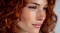 Young woman with natural red curly hair and glowing skin looking away with gentle smile, close-up portrait on dark background showing natural beauty.