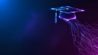 Digital graduation cap wireframe on blue purple gradient background for education technology and online learning concepts.