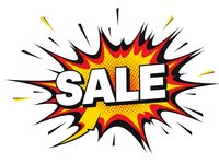 Comic book style sale explosion burst with bold lettering and dynamic rays for promotional marketing campaigns and retail advertising designs.