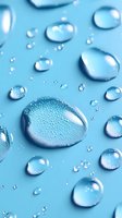 Clear water drops on light blue surface with condensation texture and varying droplet sizes creating natural abstract pattern. Macro photography shows surface tension.