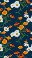 Seamless floral pattern with white daisies, orange poppies and coneflowers on navy blue background. Repeating botanical design for fabric, wallpaper and textile.