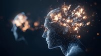 Digital wireframe profile of glowing head with sparkling neural network connections and light particles emanating from brain area against dark background.