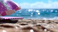 Pink beach umbrella on sandy shore with sparkling blue ocean waves and sunlight bokeh, creating dreamy summer vacation atmosphere for travel and leisure concepts.