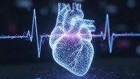 Digital holographic human heart with ECG rhythm line on dark medical background for cardiology healthcare technology concepts.