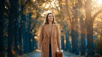 Young professional woman in elegant beige coat walking through autumn park with golden sunlight filtering through trees, carrying leather handbag.