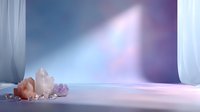Ethereal crystal arrangement with amethyst and rose quartz clusters on reflective surface against soft purple and blue gradient background with flowing white curtains.