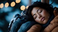 Woman with dark hair and East Asian ethnicity wearing headphones, resting head on shoulder in relaxed pose against blurred bokeh lights at night, conveying comfort and leisure.