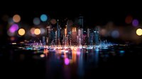 Modern cityscape at night with glowing skyscrapers reflected in water, featuring vibrant bokeh lights and neon colors creating dreamy urban atmosphere. Perfect for business presentations.