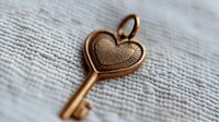 Vintage bronze heart-shaped key on textured linen fabric background with shallow depth of field, romantic symbol of love and secret treasures.
