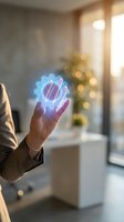 Businesswoman holding glowing digital gear hologram in modern office space representing innovation technology and industrial automation solutions.