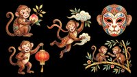Playful brown monkeys with decorative details, isolated on transparent background. Ready for t-shirt designs, clipart, stickers, sublimation, and print-on-demand projects. Features multiple poses and festive elements.