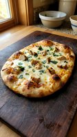 Freshly baked focaccia bread with melted cheese, caramelized onions, and fresh herbs on rustic wooden board in warm kitchen setting.