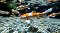 Orange and white koi carp swimming in clear pond water with natural stone bottom. Decorative fish creates rippling reflections in Japanese garden setting.
