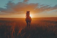 Majestic horse silhouette standing in golden grassland field during dramatic sunset with warm orange sky and clouds creating peaceful countryside atmosphere.