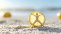 Silhouette of person inside fresh lemon slice on sandy beach at sunset, creative healthy lifestyle concept for wellness and vitamin C benefits.