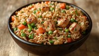 Homemade fried rice with tender chicken pieces, fresh carrots, and green onions served in rustic brown ceramic bowl on wooden table, appetizing Asian cuisine.