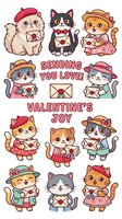 Adorable cartoon cats in vintage outfits holding love letters for Valentine's Day celebration. Cute kawaii style felines with hats and romantic messages.
