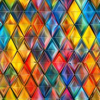 Vibrant diamond pattern with multicolored geometric shapes in yellow, blue, red, and turquoise creates seamless repeat for fabric, wallpaper, and surface design.