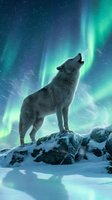 Wolf howling under spectacular northern lights aurora borealis in winter wilderness landscape with snow-covered rocks and starry night sky.