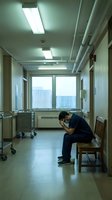 Exhausted healthcare worker sitting in hospital corridor holding head in hands showing burnout and stress in medical environment.