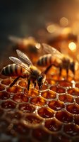 Honey bees working on honeycomb cells filled with golden honey, illuminated by warm sunlight creating bokeh effect in background.