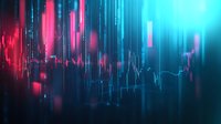 Futuristic digital data visualization with glowing red and blue light streams against dark background, showing financial market trends and analysis patterns.