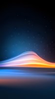 Abstract glowing waves form colorful layers against dark starry sky, creating ethereal aurora-like effect with orange, pink and blue hues reflecting on calm water surface.
