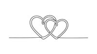 Two intertwined hearts drawn in continuous single line art style on white background, minimalist romantic symbol for wedding invitations and love designs.