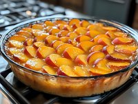 Fresh peach tart with sliced ripe fruit arranged in concentric circles on golden caramelized base, baked in glass pie dish on stovetop, ready to serve.
