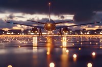 Commercial airplane on wet runway at night with dramatic lighting and city lights reflection creating atmospheric aviation scene for travel industry.