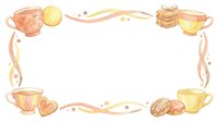 Watercolor tea and pastry frame with cups, cookies, and ribbons forming decorative border for bakery, cafe, or culinary designs.