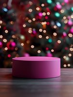 Pink round podium on wooden surface against blurred Christmas lights background with colorful bokeh effect, creating festive holiday atmosphere for product display.