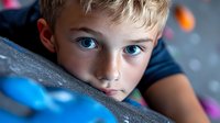 Young boy with bright blue eyes looking intensely at camera in close-up portrait with colorful climbing wall holds in soft focus background.