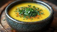 Creamy yellow soup garnished with fresh herbs and spices in rustic ceramic bowl on wooden surface. Comfort food for restaurants and cooking blogs.