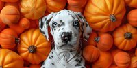 Spotted Dalmatian dog with blue eyes surrounded by bright orange pumpkins creating seasonal autumn composition for holiday cards and decorative prints.