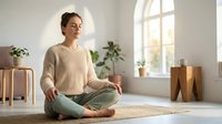 Young woman of mixed ethnicity in casual beige sweater and sage green pants sitting cross-legged on natural fiber rug in bright, minimalist living room with potted plants and wooden furniture.