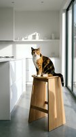 Tabby and white cat sitting on wooden bar stool in modern minimalist kitchen with white cabinetry, shelving, and large windows allowing natural light into contemporary home interior.