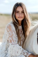 Young woman in white lace dress with long brown hair smiling at camera, natural outdoor setting with white horse, soft lighting creates romantic atmosphere.