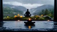 Silhouette of person meditating by window with mountain view and candle light, creating peaceful atmosphere during rainy weather. Wellness and mindfulness concept.