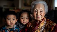 Asian grandmother in traditional embroidered dress poses with grandchildren, creating heartwarming multigenerational family portrait showing cultural bonds and heritage.
