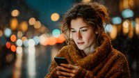 Young woman with curly hair using smartphone at night in city with bokeh lights, winter evening urban lifestyle technology communication.