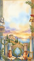 Ancient Greek mythology frame with classical columns, philosopher bust, Parthenon temple, olive branches, pottery and Mediterranean landscape background.