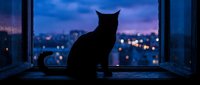 Cat silhouette sitting on windowsill overlooking city lights at dusk with purple blue sky creating peaceful evening atmosphere for home decor designs.