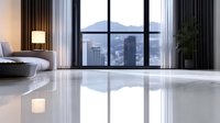 Minimalist luxury bedroom interior with panoramic city view through floor-to-ceiling windows, reflecting on glossy white flooring. Mountain silhouettes visible at dawn.
