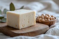 Fresh block of firm tofu on a wooden cutting board with soybeans in a bowl, soft natural light, plant-based protein food photography.