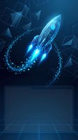 Futuristic rocket launch with glowing blue trail and geometric elements on dark background for technology and innovation concepts.