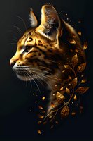 Serval cat profile with glowing golden leaves and magical particles on dark background, dramatic lighting highlights wild feline features and whiskers.