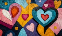 Colorful hearts pattern in retro grunge style with pink, yellow, and turquoise colors on dark background. Vintage love symbols with distressed texture effect.
