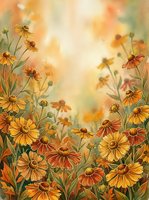 Watercolor autumn wildflowers frame with orange and yellow blooms on textured paper background for seasonal greeting cards and botanical designs.